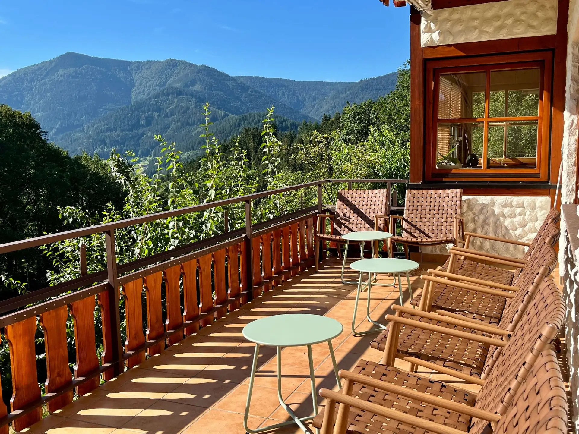 Panoramablick von der Terrasse über die Schwarzwaldberge – sonnige Weite für Momente der Ruhe und Entschleunigung.